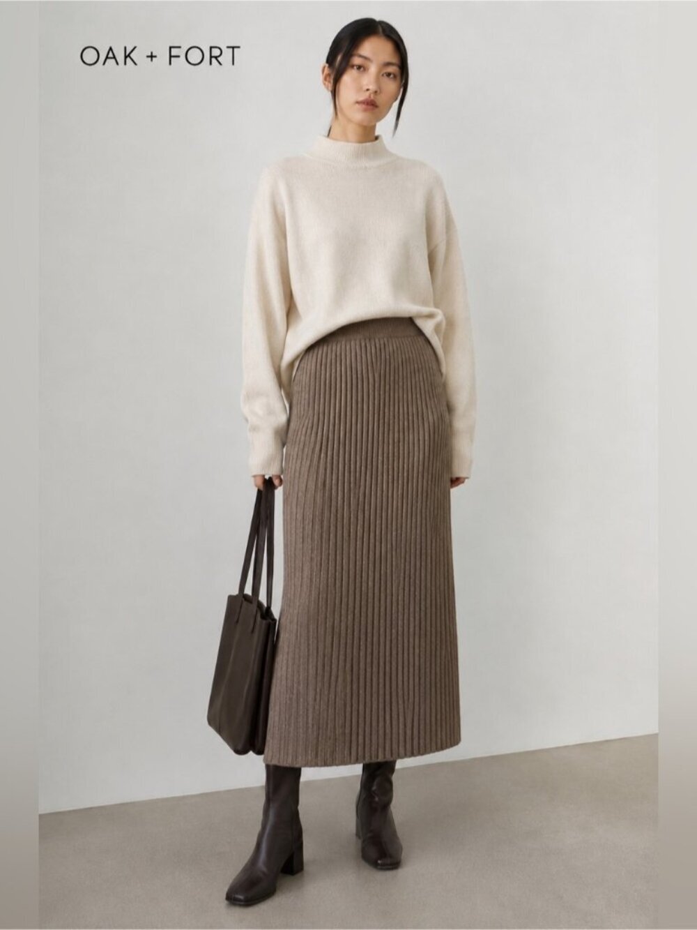 Oak + Fort Ribbed Knit Midi Skirt Taupe Brown Back Slit Size M